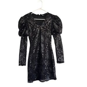 Vintage Black Sequin Puff Sleeve Mini Dress Xs/S